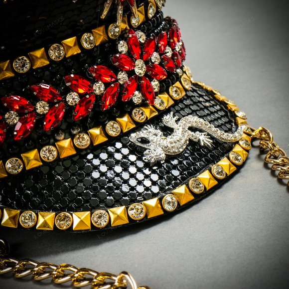 Festival Rave Burning Man Captain Hat Black Gold Military Cap with Gold Chain main image 11